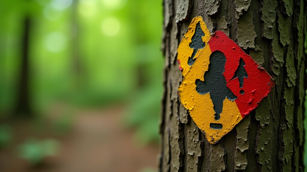 Close-up of red and yellow trail markers painted on tree trunk in forest