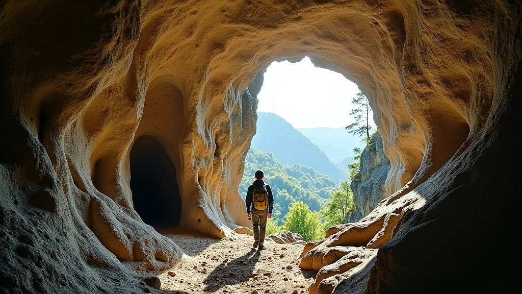 Limestone rock formations and cave entrances in daylight, natural karst landscape