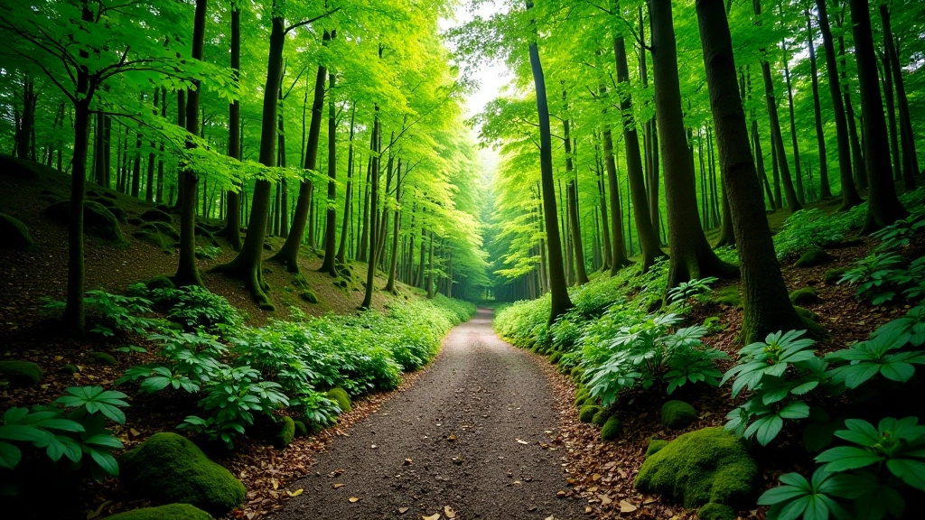 Forest hiking trail with green vegetation and light filtering through trees