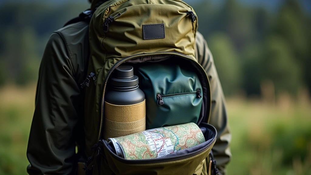 Hiking backpack with organized compartments, water bottle, and trail map visible