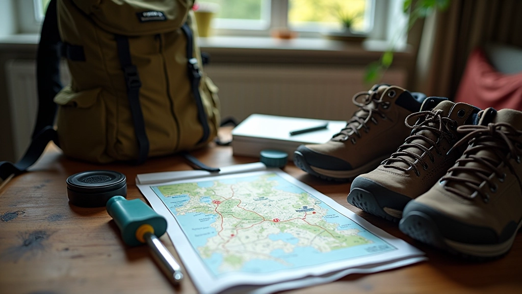 Hiking gear and essentials neatly arranged on wooden table