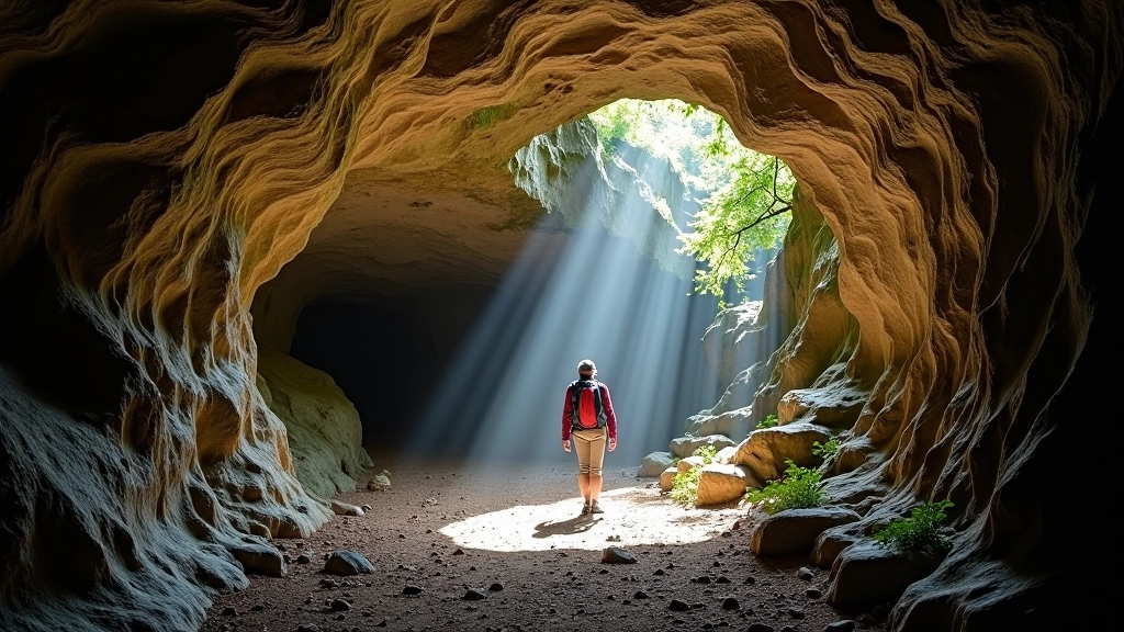 Limestone cave formations with natural light and walking path