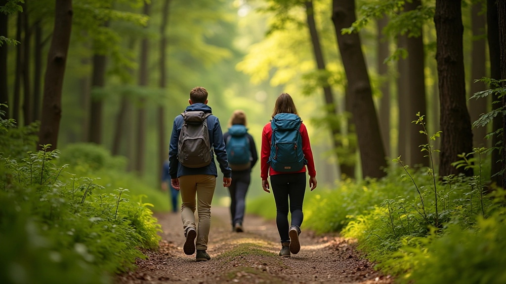 Small group of hikers walking peacefully on a scenic forest trail